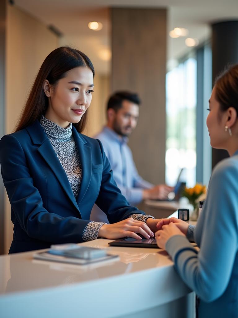 Lobby di lusso di un hotel moderno con receptionist che utilizza un tablet e ospiti che fanno il check-in.